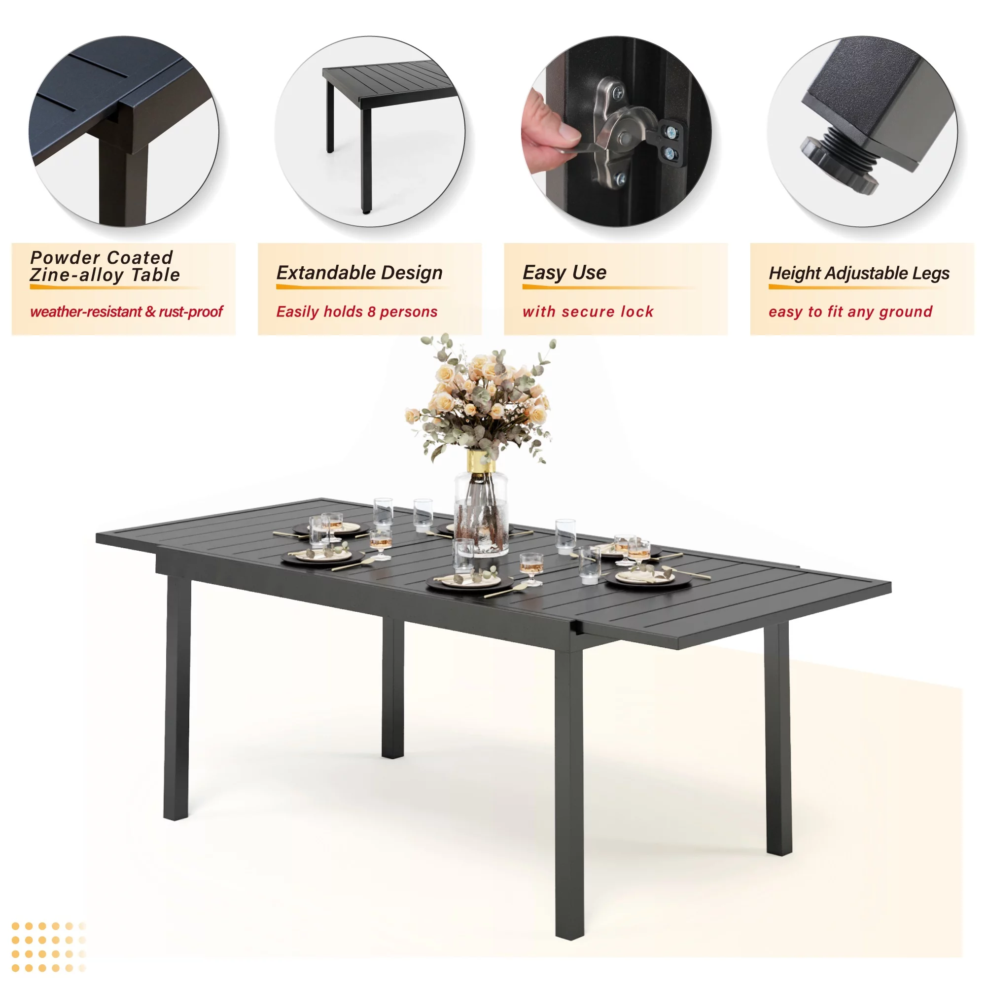 MF Studio 7 Pieces Outdoor Patio Dinning Set with 6 C Spring Textilene Chairs and 1 Metal Extendable Dining Table for 6 Person,Black&Gray