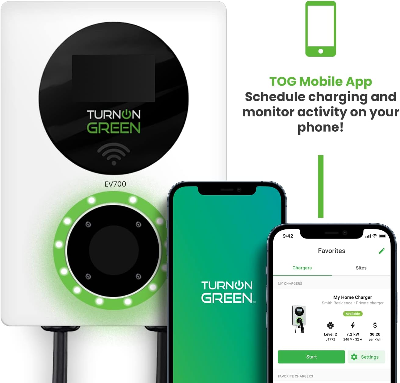 TURNONGREEN EV700 Level 2 Smart Electric Vehicle Charger (EV), 16 to 32 Amp, 240V, WiFi Bluetooth Enabled, with LCD Touchscreen