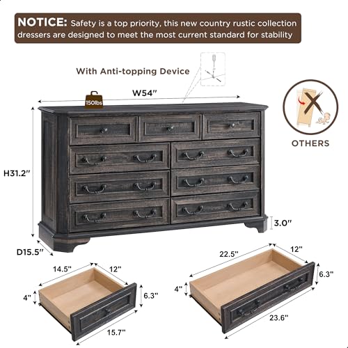 T4TREAM Farmhouse 5 Drawers Dresser for Bedroom, 48" Tall Wood Rustic Chest of Drawers with Natural Texture, Vintage Design
