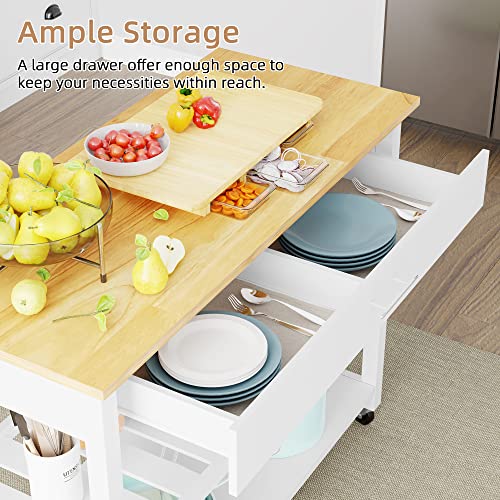 Shintenchi Rolling Kitchen Island Cart with Folding Drop Leaf Breakfast Bar, Portable Trolley Island with Large Storage Cabinet, Shelf and Drawer
