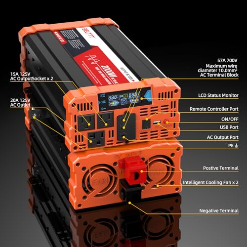 BELTTT 2000W Pure Sine Wave Inverter, Car Power Inverter 12V to 120V AC Converter for RV, Truck, Solar, Outdoor with Dual AC and 20A Socket