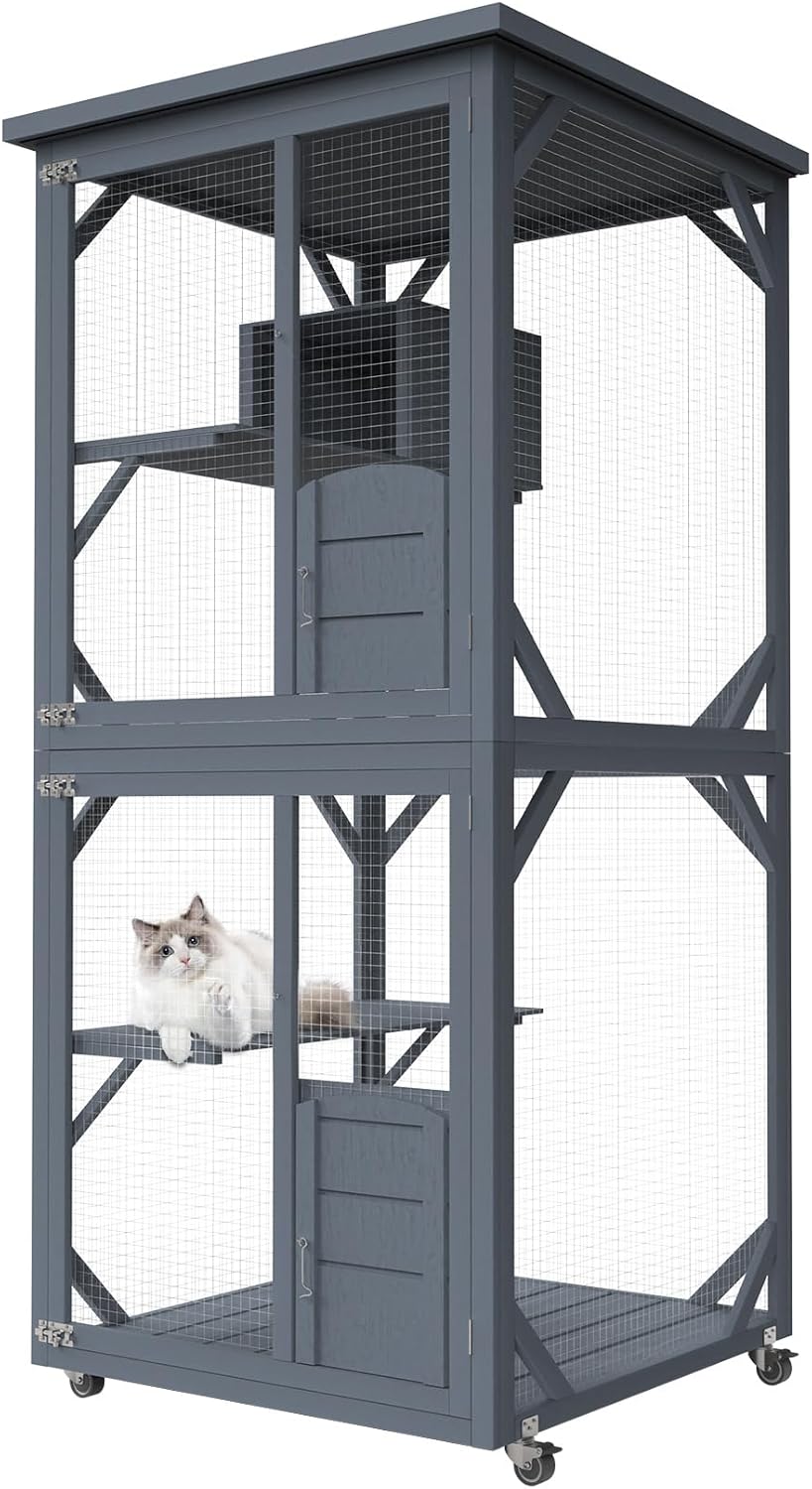 Catio Outdoor Cat House, Wooden Large Enclosure with Run on Wheels, 64" Outdoor/Indoor Cat Catio for Multiple Cats with Waterproof Roof, Platforms