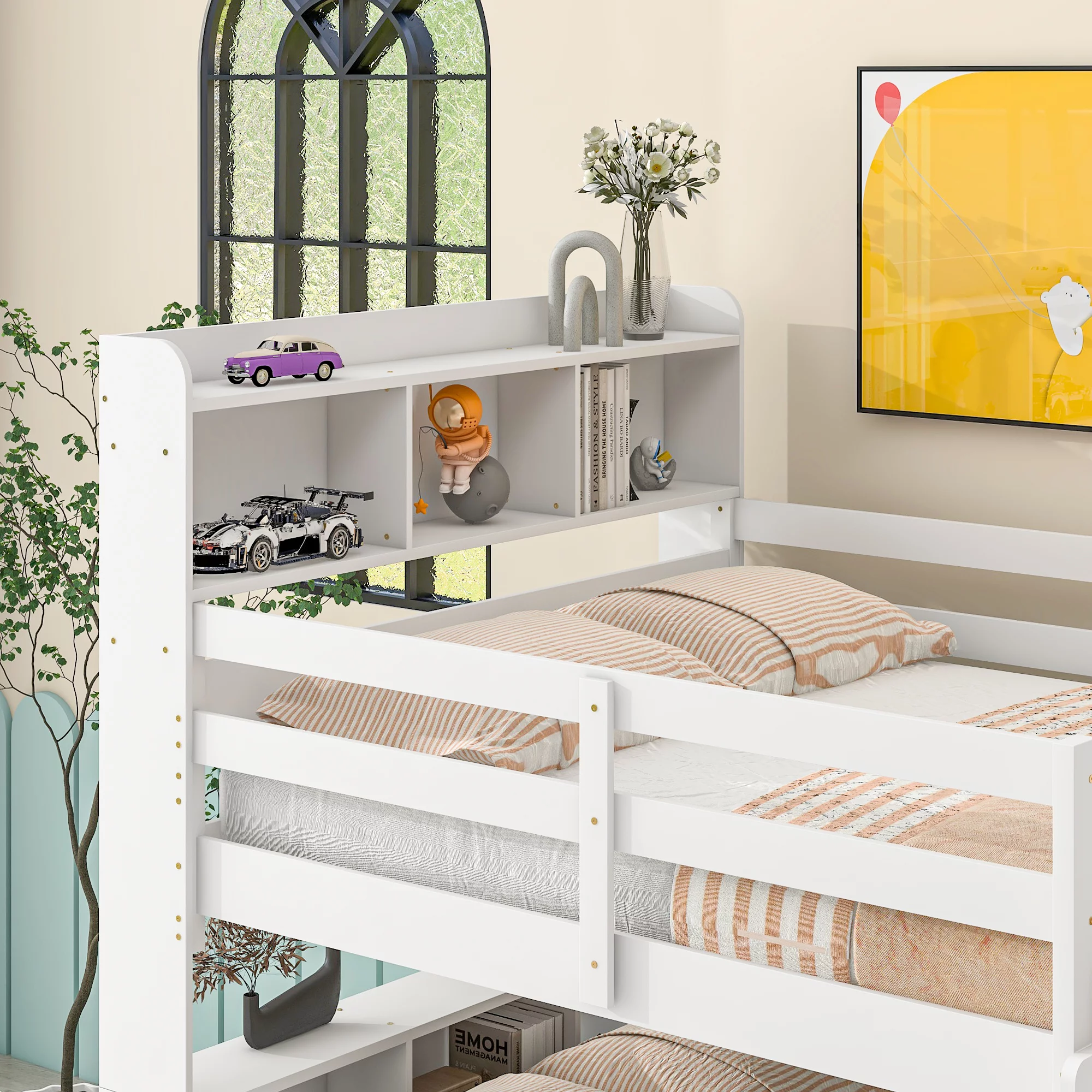 Sanmadrola Full Over Full Bunk Beds with Bookcase Headboard, Solid Wood Bed Frame with Safety Rail and Ladder, Kids/Teens Bedroom