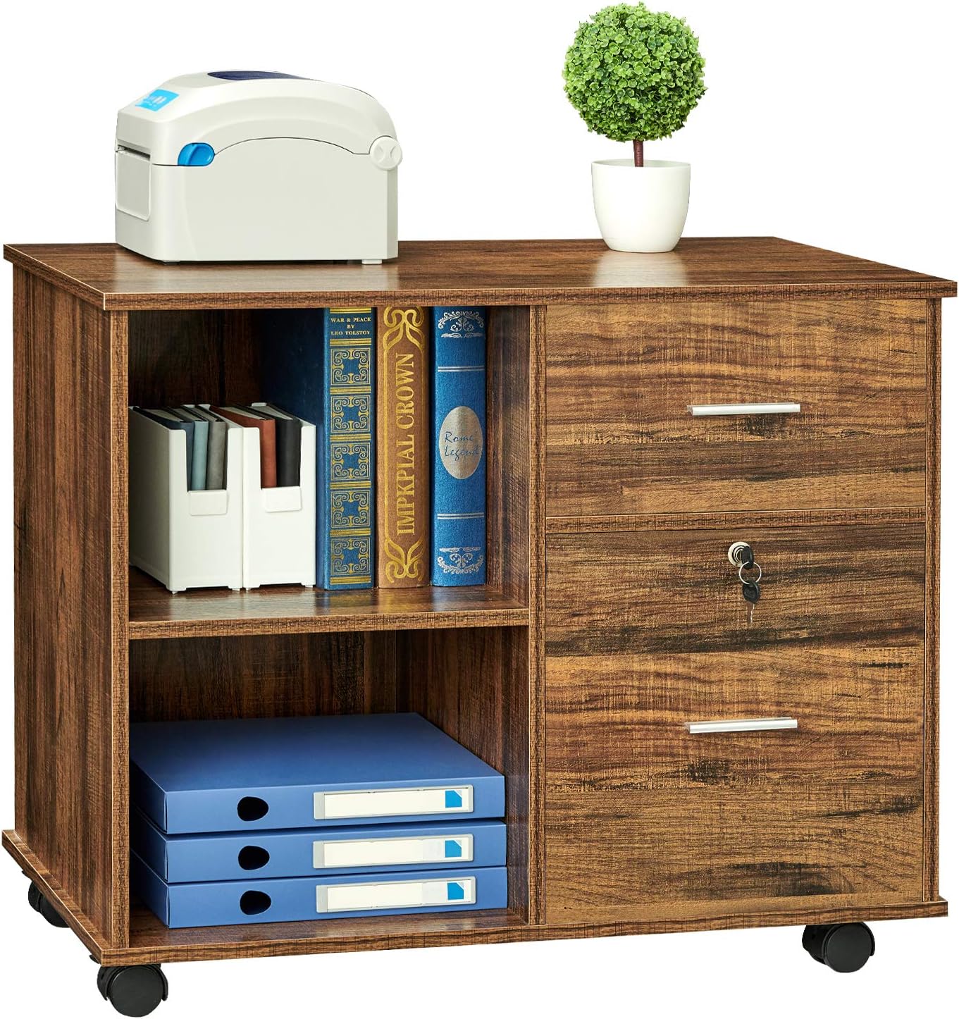 GreenForest Wooden File Cabinet 2 Drawers Lateral File Cabinet with Lock Rolling Mobile Filing Cabinets for Home Office Printer Stand with Open