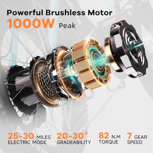 1000W Folding Electric Bike,48V 20AH Removable Battery E Bike,30+MPH,80 Miles Max Range Electric Bike for Adults,20" Fat Tire Foldable ebike