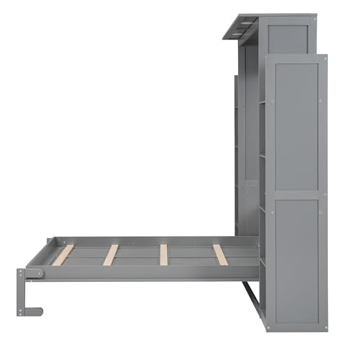Harper & Bright Designs Queen Size Murphy Bed Wall Bed with Storage Shelves and LED Lights, Space-Saving for Multipurpose Guest Room or Home Office