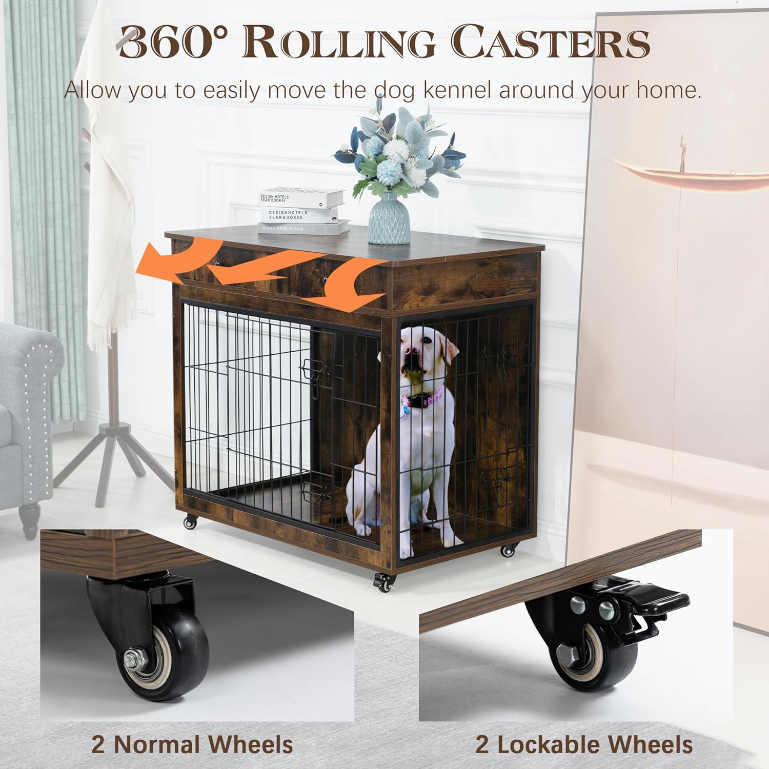 Yehha Cabinet Crate Furniture with Storage Drawer-Wheels, Wooden Kennel with 2 Doors, Steel-Tube Frame & Waterproof Table Top