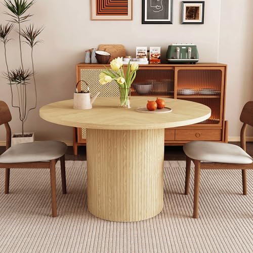 47 inch Round Dining Table for 4, Kitchen Table Dinner Table with 2-Layer Storage Shelf and Wood Slide Door for Home Dining Room Living Room (Walnut)