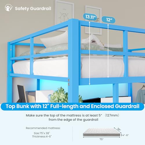 DICTAC Loft Bed Full Size with L-Shaped Desk and Charging Station Full Metal Bed Frame with LED Lights,Open Shelves and 3 Fabric Storage Drawers