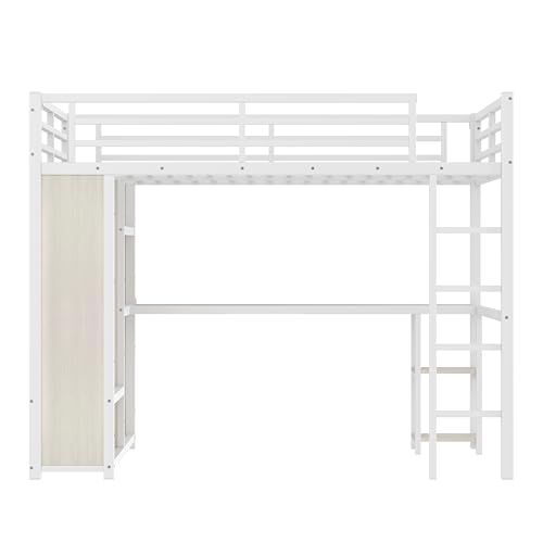 Bellemave Queen Size loft Bed with L Desk, Wardrobe, Metal Queen Loft Bed Frame for Adults, Kids, Teens, Black