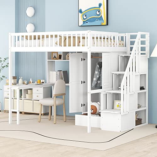 Twin Loft Bed with Staircase, Desk and Wardrobe, Wood Loft Bed with Storage Shelves and Safety Guardrail