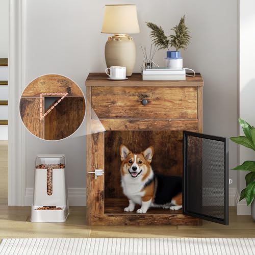 HOOBRO Dog Crate Furniture, Dog Kennel with Drawer and Charging Station, Indoor Decorative Puppy House, Wooden Pet Crate End Table for Small Dogs