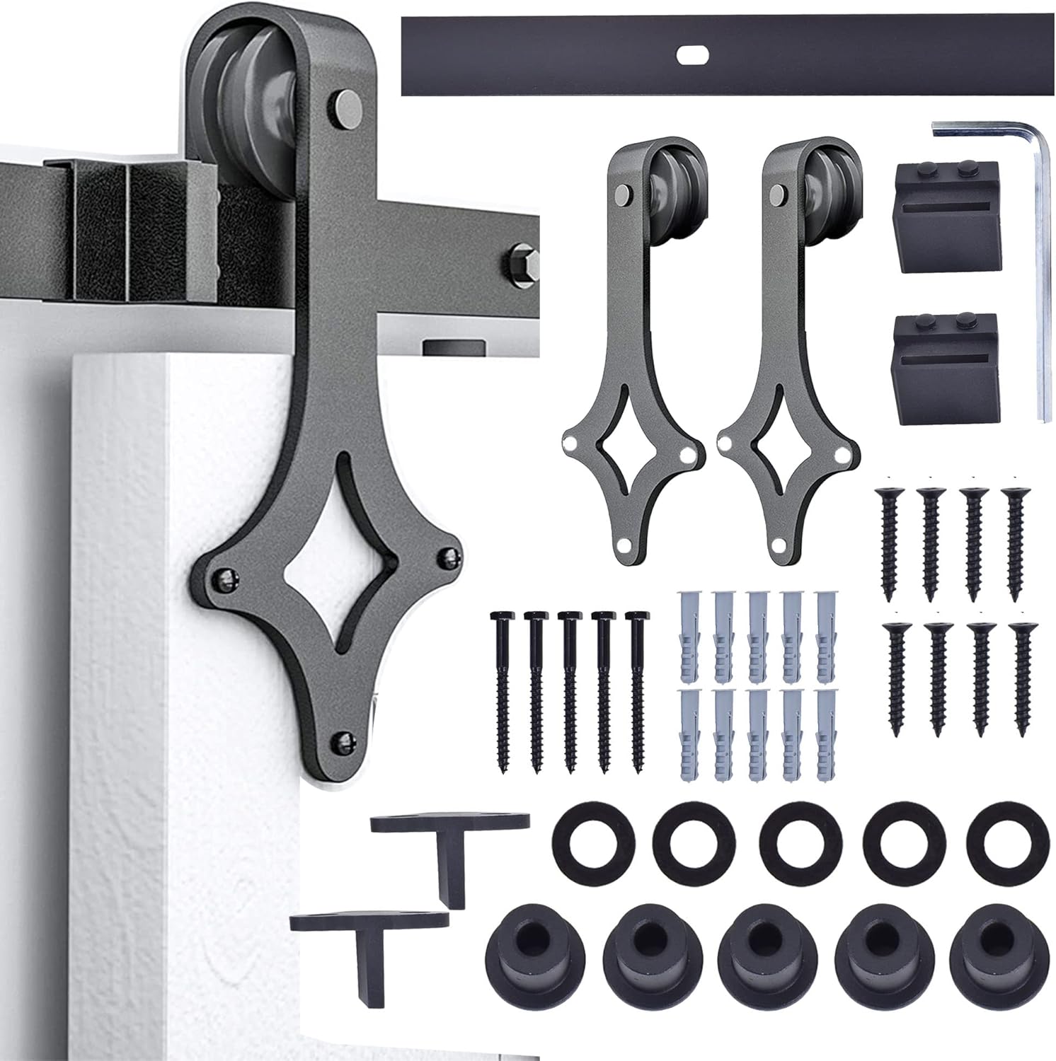 Barn Door Hardware, Sliding Barn Door Hardware Kit, Black Wheel Sliding Door Track with Stamped Steel Rail Mount Hardware