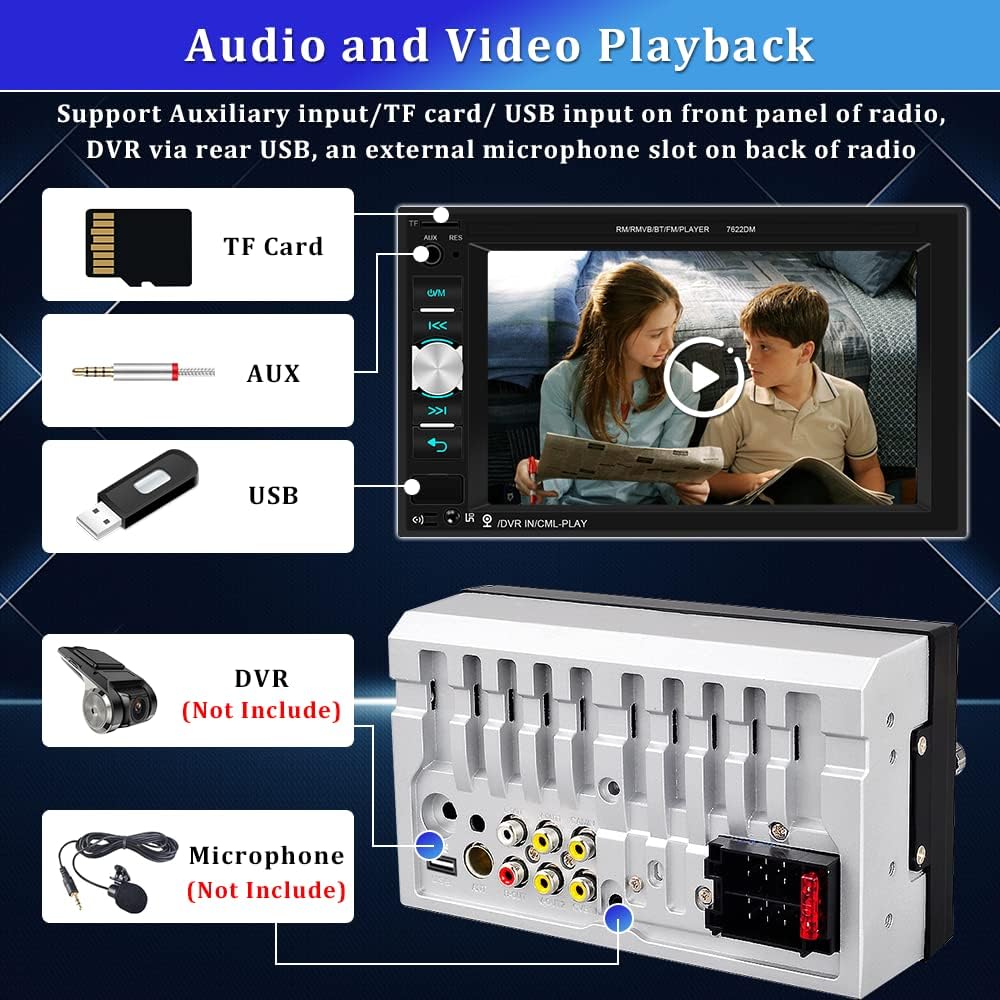 UNITOPSCI Car Multimedia Player Double Din Bluetooth Car Stereo 6.2 Inch Touch Screen Car Radio Hands Free Call MP5 Player USB SD Auxiliary Input FM