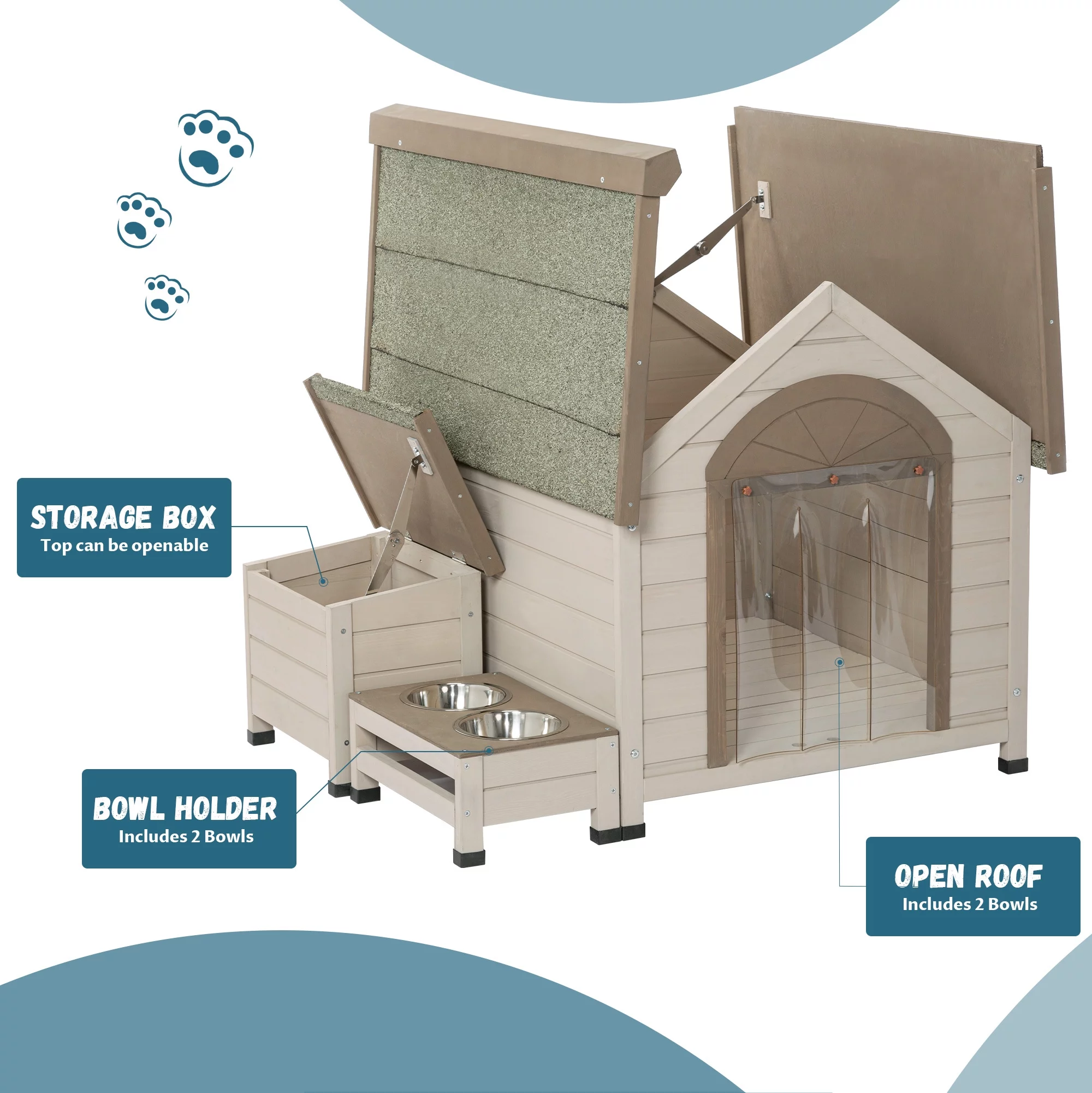 Euroco Outdoor Wood Dog House Waterproof Pet Log Cabin for Small Medium Dog with Feeding Station, Storage Box