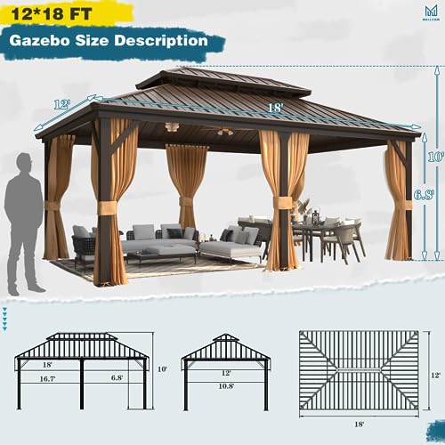 MELLCOM 10'x13' Hardtop Gazebo with Polycarbonate Double Roof, Aluminum Frame Outdoor Gazebo Permanent Pavilion with Curtains and Netting for Patio