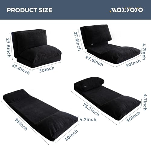 MAXYOYO Bean Bag Bed Folding Sofa Bed Floor Mattress for Adults, Extra Thick and Long Floor Sofa with Corded Washable Cover, Dark Grey, 30x95 Inch