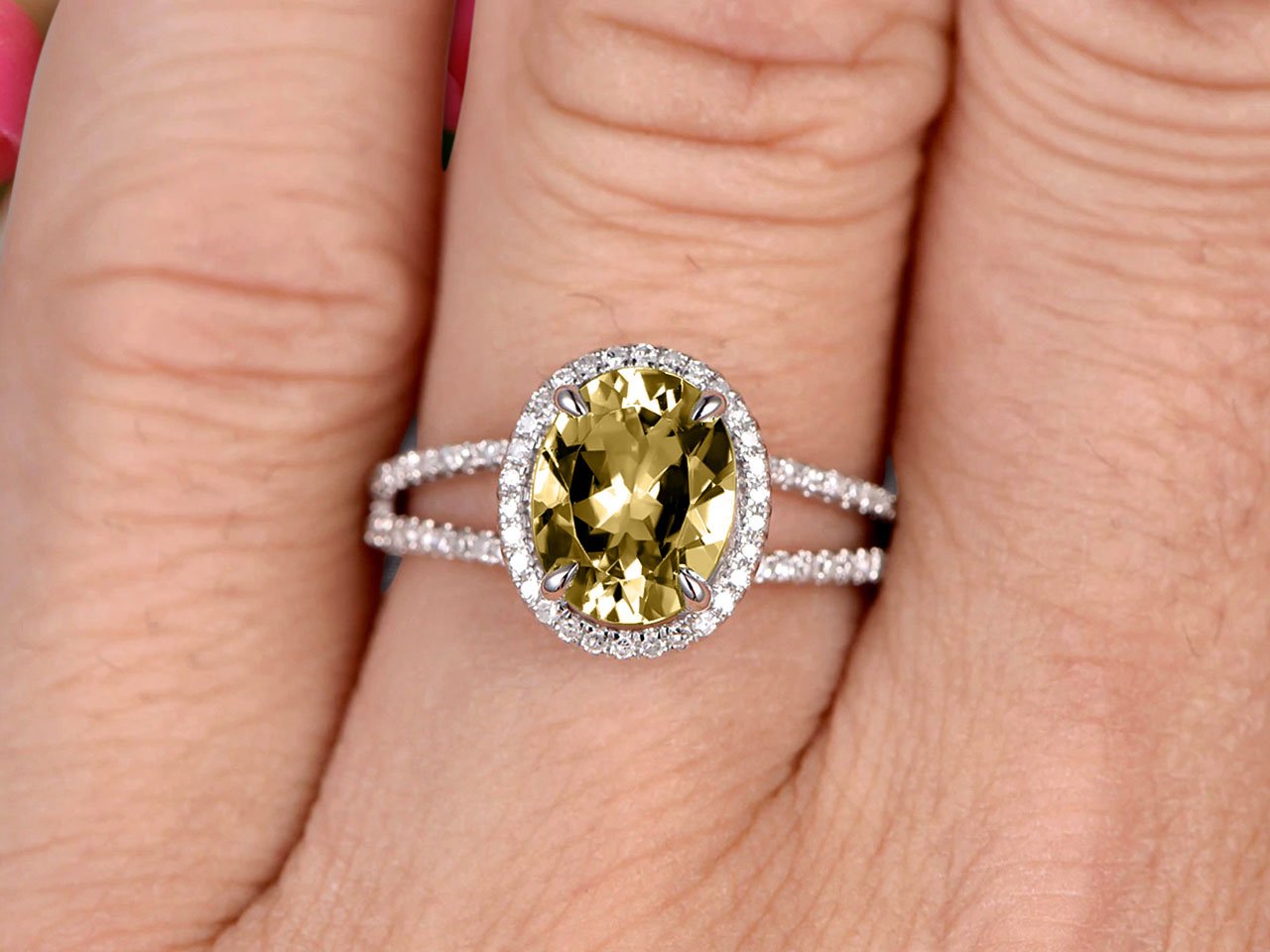 2.25 Carat 8x6mm Oval Shape Gemstone With Split Shank Halo Design Champagne Diamond Moissanite Engagement Ring Wedding Ring Anniversary Gift On 10k