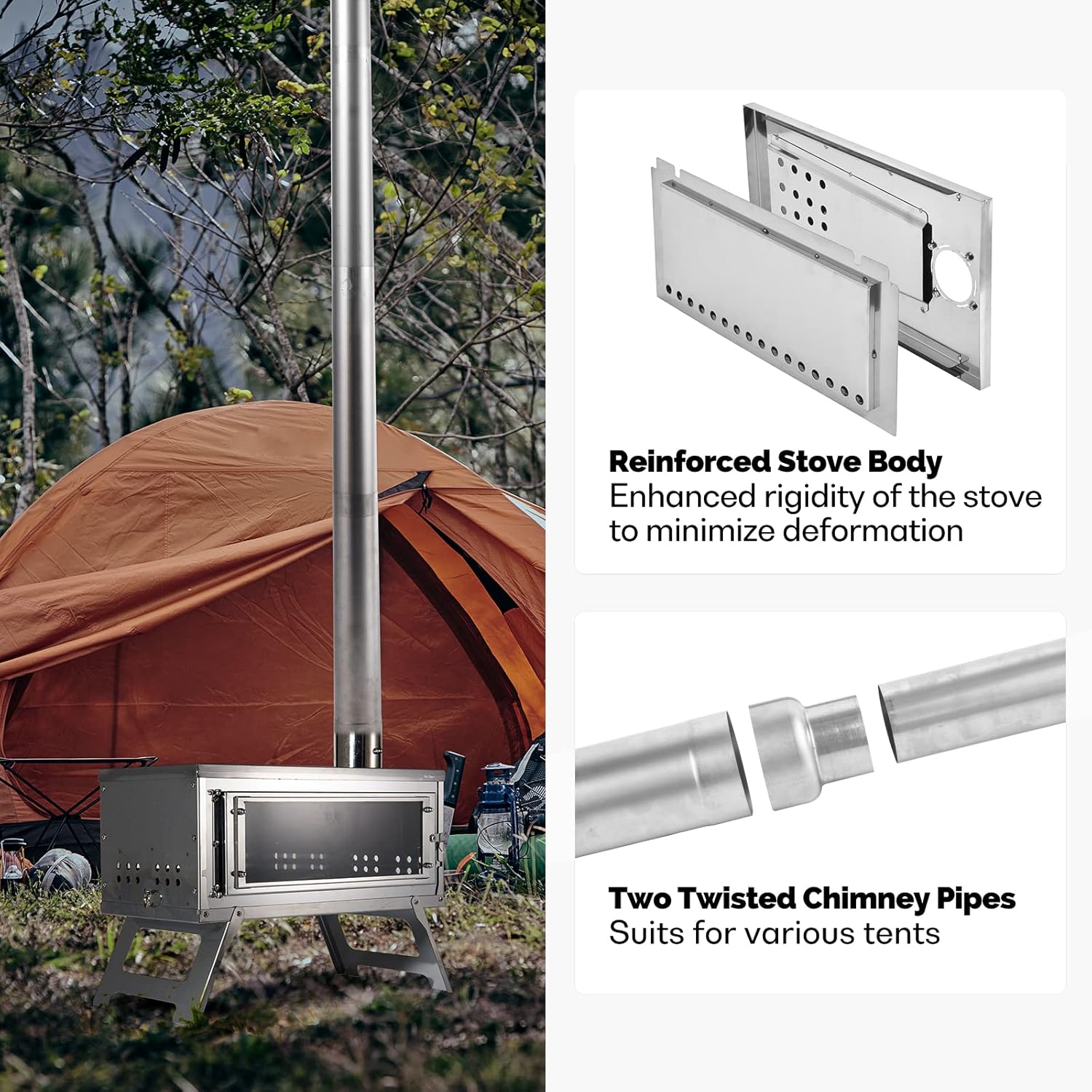 Fastfold Hot Tent Stove with Reinforced Body, Portable Wood Burning Stove with Secondary Combustion
