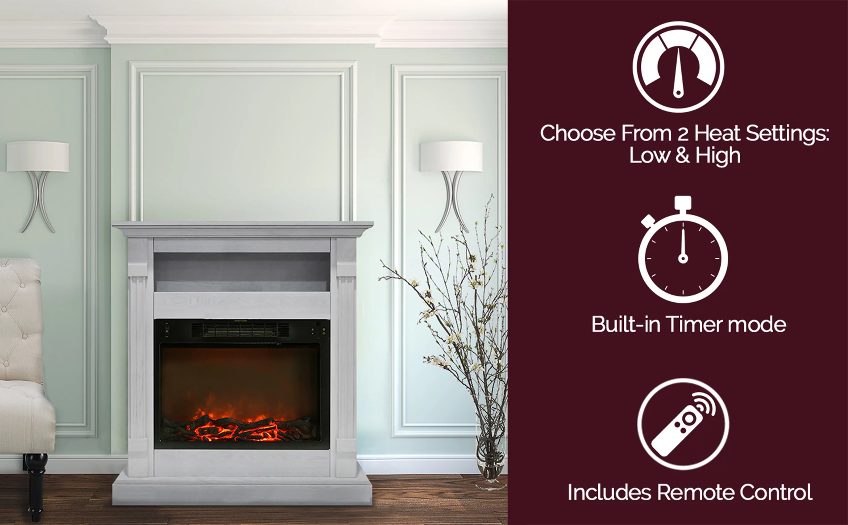 Cambridge Sienna 34" Freestanding White Mantel Electric Fireplace Heater with Realistic Flames & Log Insert | Fireplace Console Heater For Rooms up