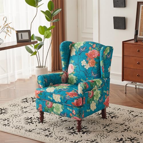 MELLCOM Floral Accent Chair, High Back Upholstered Armchair with Solid Legs, Leisure Single Sofa Chair for Living Room, Bedroom, Home Office