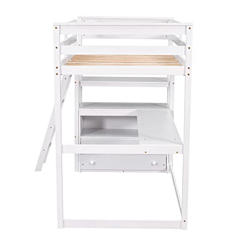 Full Size Loft Bed with Desk & Wardrobe, Solid Wood Kids Loft Bedframe w/3 Storage Drawers & 2 Shelves, Maximum Space Design, for Bedroom, Dorm, Gray