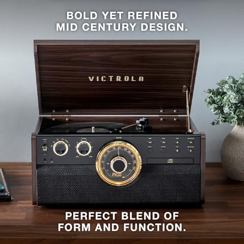 Victrola The Empire Mid-Century 6-in-1 Turntable & Multimedia Center with Built-in Speakers – 3 Speed, Bluetooth Connectivity, Radio