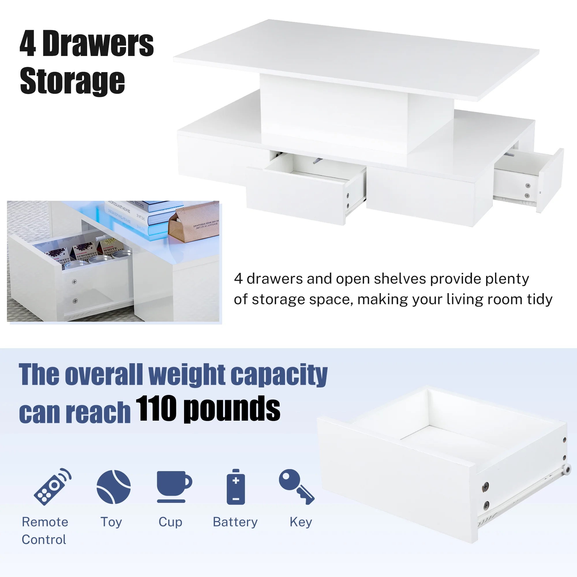 HSUNNS White LED Coffee Table for Living Room, Modern High Glossy Center Table with 4 Drawers, Smart Cocktail Table Rectangle