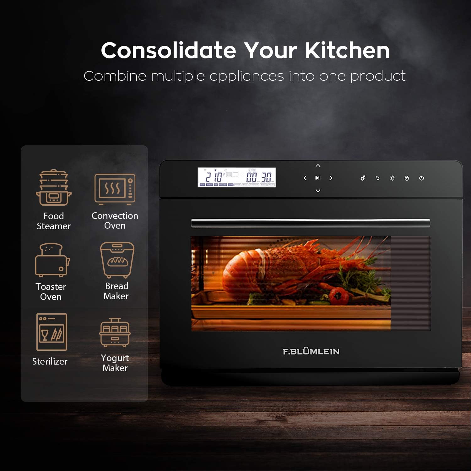 F.BLUMLEIN Steam Convection Oven Countertop 34 Qt - 10 Modes with 24 Item Preset Menu and 10 DIY Recipe Slots - Extra Large Size for Entire Family