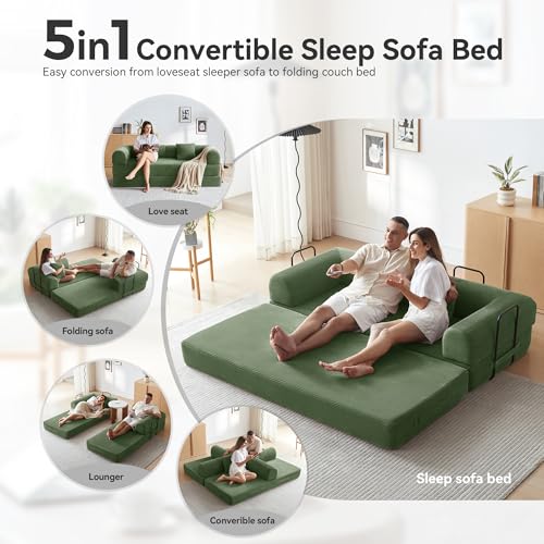 Convertible Sleeper Sofa Bed with Cylindrical Pillow, Comfy Foldable Sofa Bed Compressed Sofa in Box