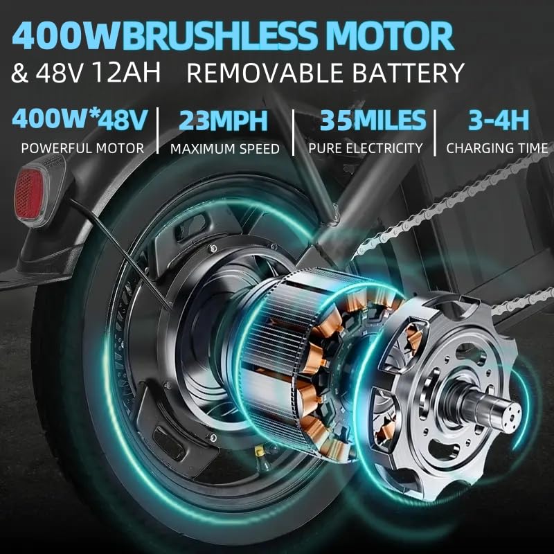 Electric Bike for Adults, Peak 500W Brushless Motor Folding, 48V12AH Removable Battery, 23MPH Ebike with 35 Miles Range & PAS Mode