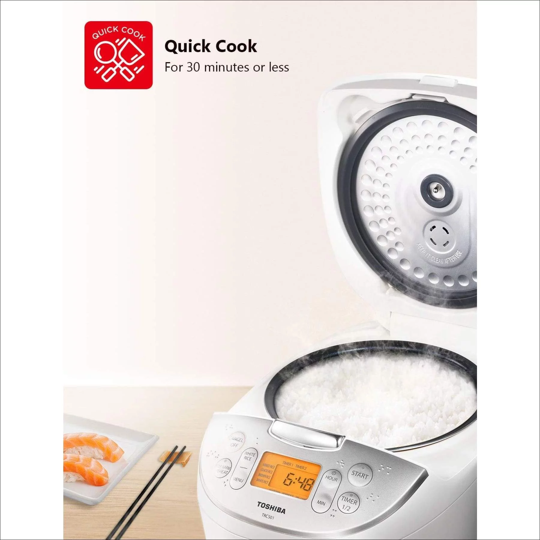 Toshiba TRCS01 Cooker 6 Cups Uncooked (3L) with Fuzzy Logic and One-Touch Cooking, Brown Rice, White Rice and Porridge