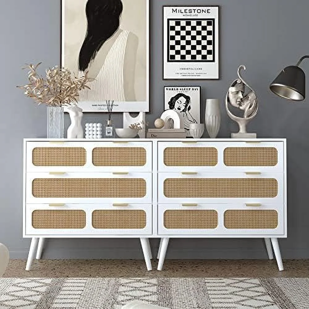 TJUNBOLIFE 3 Drawer Dresser  Modern Rattan Dresser Chest with Wide Drawers and Metal Handles  Farmhouse Wood  Chest of Drawers for Bedroom  Living