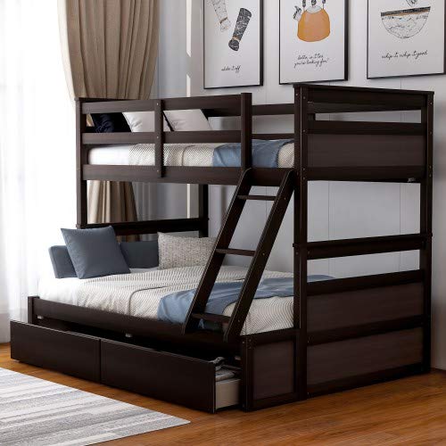 Twin Over Full Bunk Bed with Ladder, Solid Wood Bunk Beds Twin Over Full Size with Guardrail, Twin Over Full Bunk Bed Frame