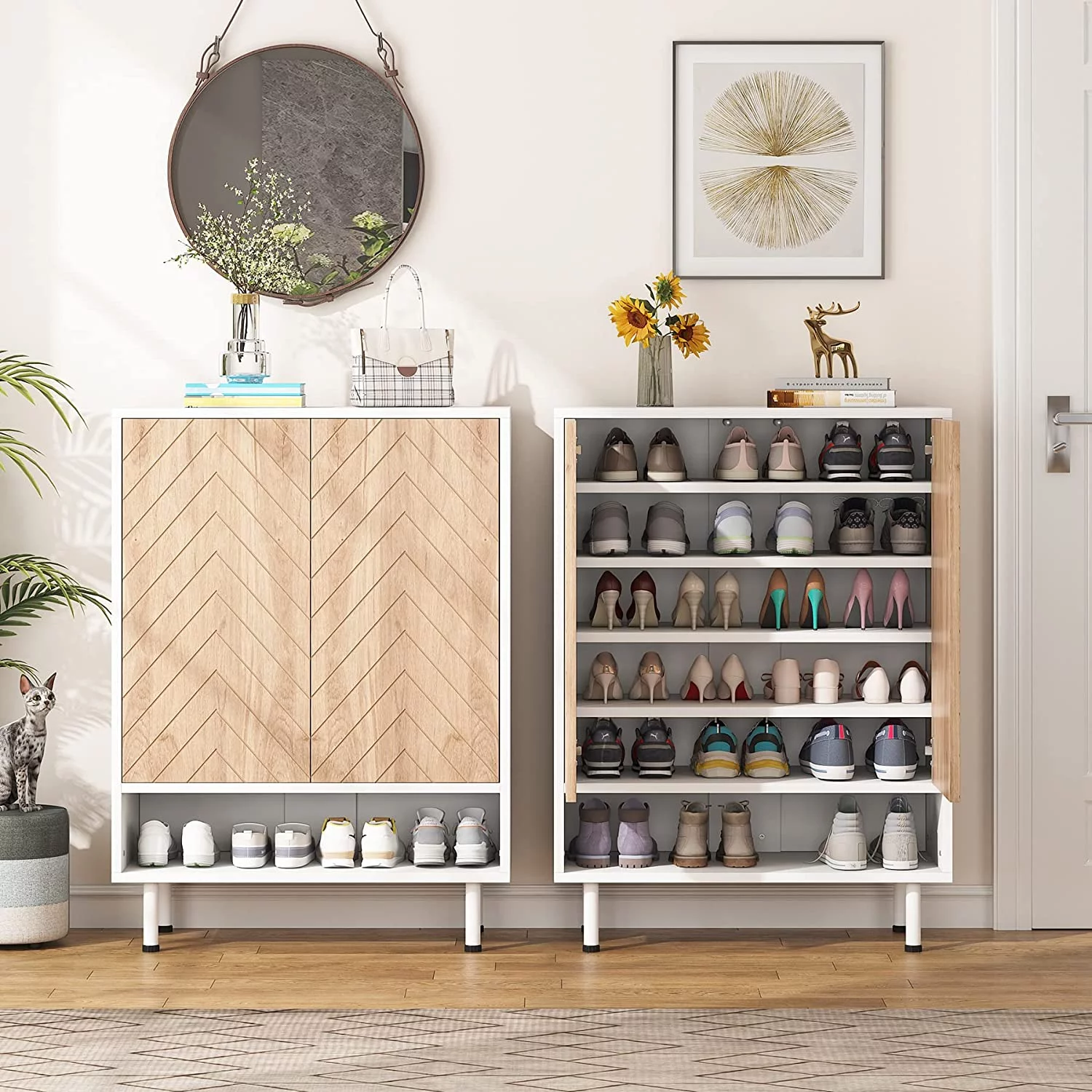 Tribesigns 6 Tier Shoe Cabinet for Entryway, Hallway, 18 Pair Shoe Rack Organizer Cabinet with Door, White and Brown
