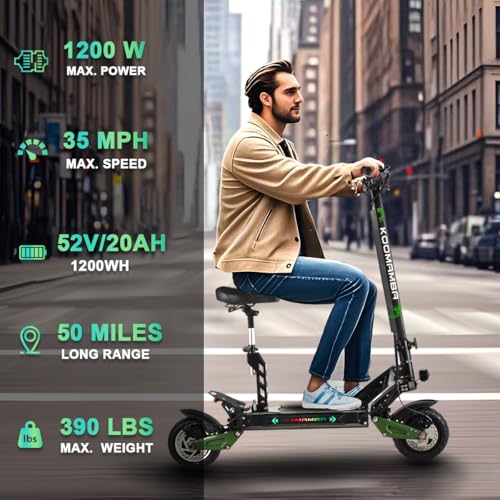 ZU06 1200W Adults Electric Scooter Up to 35 MPH, 52V Battery 50 Miles Long Range, Dual Suspension and Hydraulic Disc Brakes