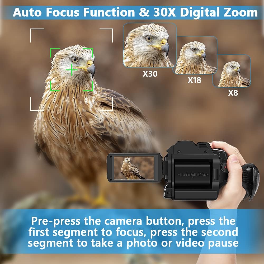 Video Camera 4K HD Auto Focus Camcorder 48MP 60FPS 30X Digital Zoom Camera for YouTube LED Function 4500mAh Battery with Handheld Stabilizer