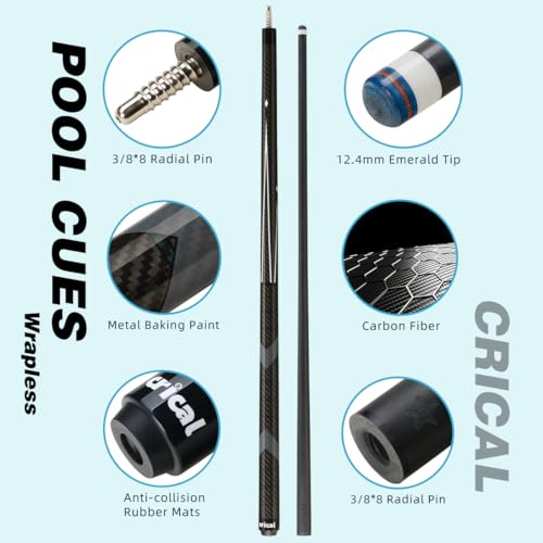 CRICAL Carbon Fiber Pool Cue Stick 58" Billiard Cue Sticks Professional Low Deflection Pool Sticks with 3/8 * 8 Pin Joint and 12.5mm Tip