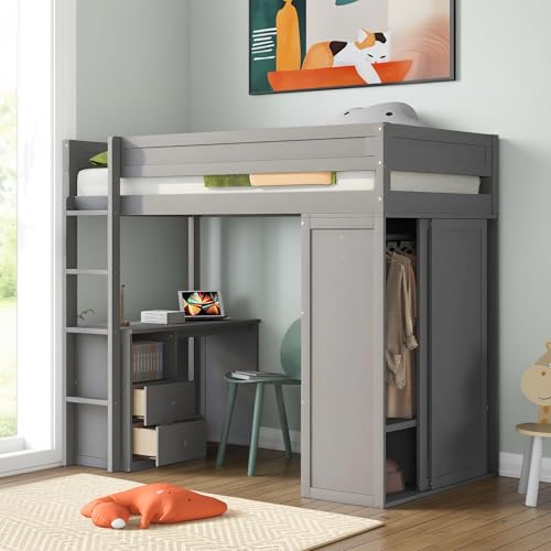 Full Size Loft Bed with L-Shaped Desk, Wardrobe and Storage Shelves, Solid Wood Bedframe w/Safety Guardrails & Ladder for Kids Teens Adults
