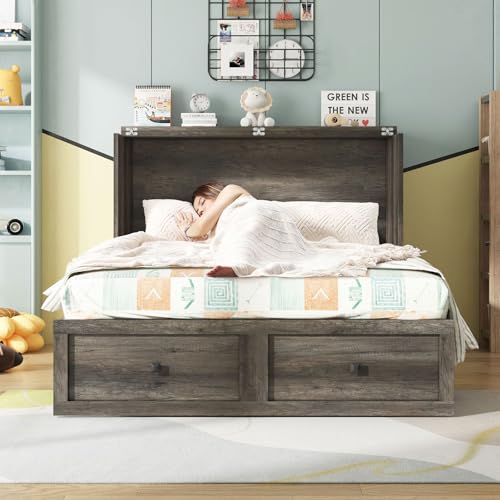 AMERLIFE Queen Murphy Bed with Storage & Charging Station, Farmhouse Murphy Cabinet with Foldable Panel, Noisy Free, for Guest Bedroom, Living Room