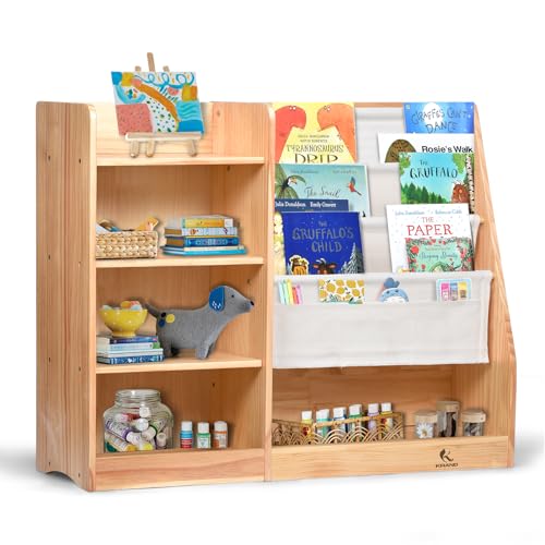 KRAND 4-Layer Kids Wooden Bookshelf, 4-Tier Layer Sling Bookcase, Baby Storage Book Rack,Toy Organizer Cabinet