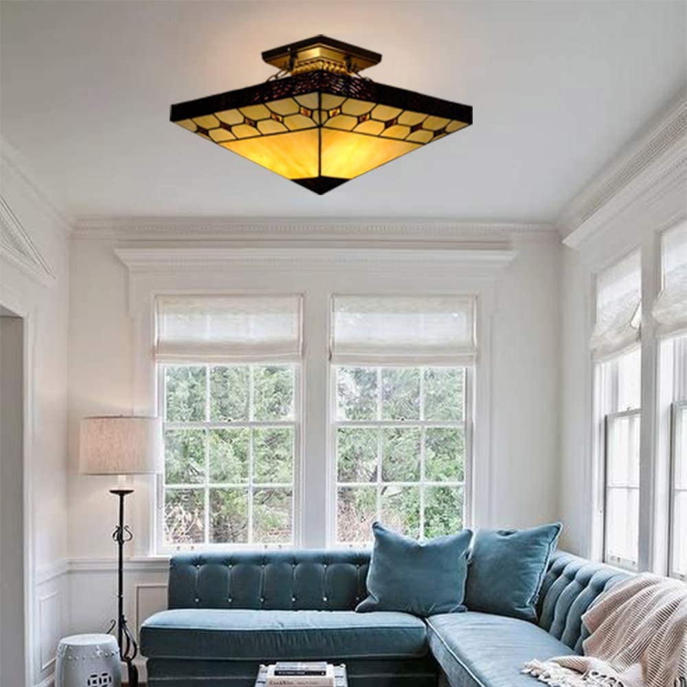 Tiffany Style Flush Mount Ceiling Light Minimalist Green Leaf Decoration Ceiling Light for Living Room,Corridor,Bedroom,Restaurant 15inch