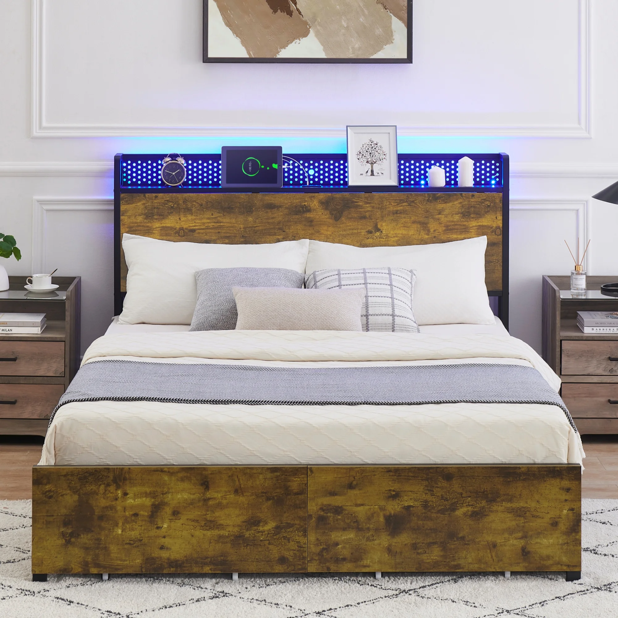 IDEALHOUSE Queen Bed Frame with Storage Headboard and 6 Drawers,LED Bed Frame with Outlets and USB Ports