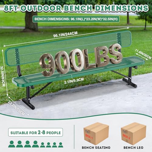 8FT Heavy Duty Park Bench with Back Portable Frame, Outdoor Metal Park Bench with Backrest, Steel Mesh Outdoor Bench for Garden, Lawn, Patio, Porch