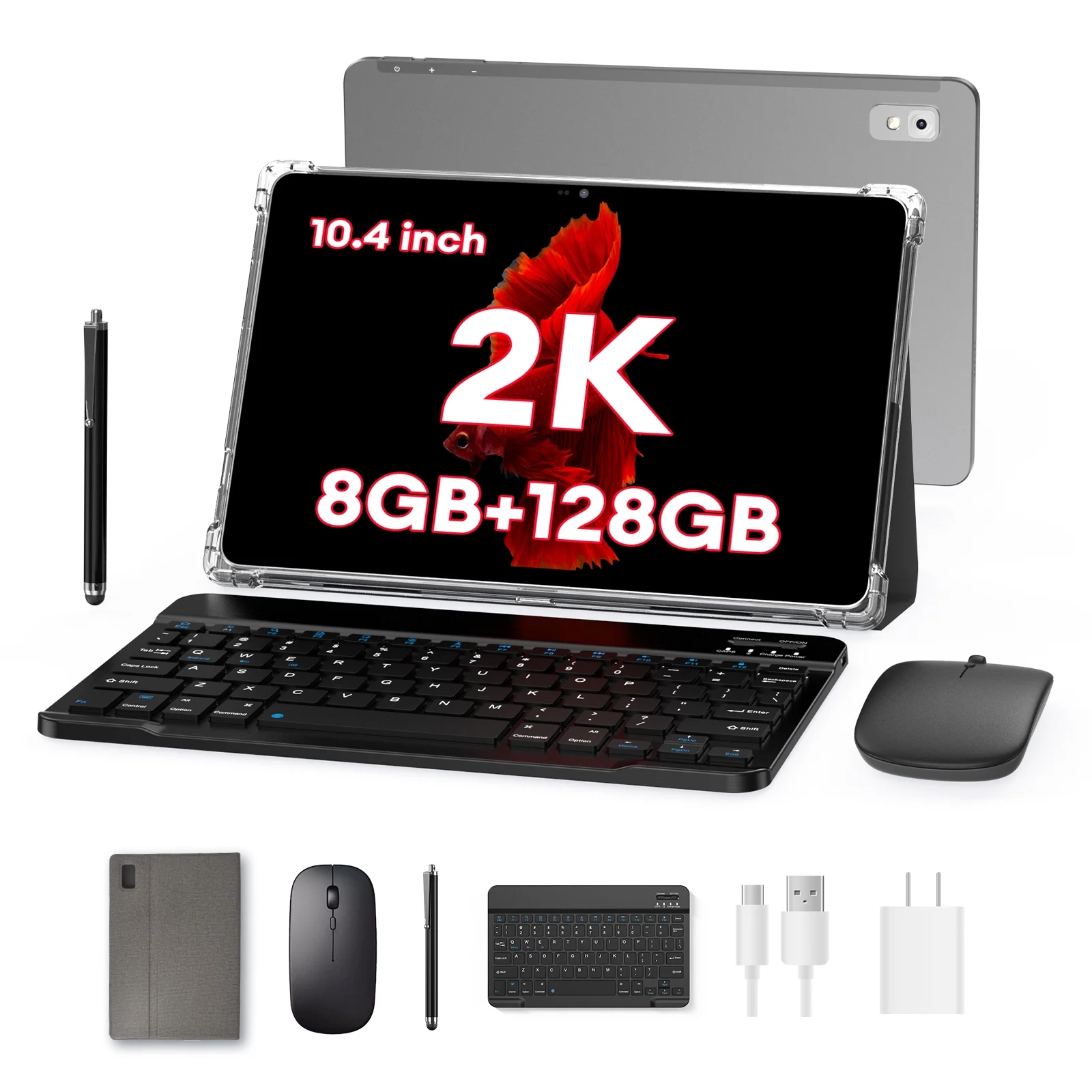Headwolf Android Tablet with Keyboard, FHD 2K Display 10.4 Inch 2 in 1 Tablet, Octa Core Gaming Tablet with Case Mouse Stylus