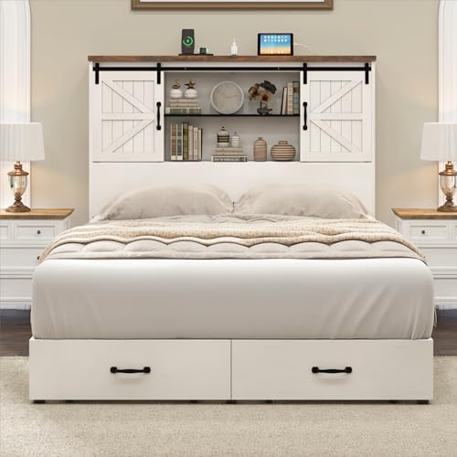 HOWE King Size Bed Frame, Wood Platform Bed Frame with 51.2" Bookcase Headboard, Storage Bed with Sliding Barn Door Charging Station 2 Drawers