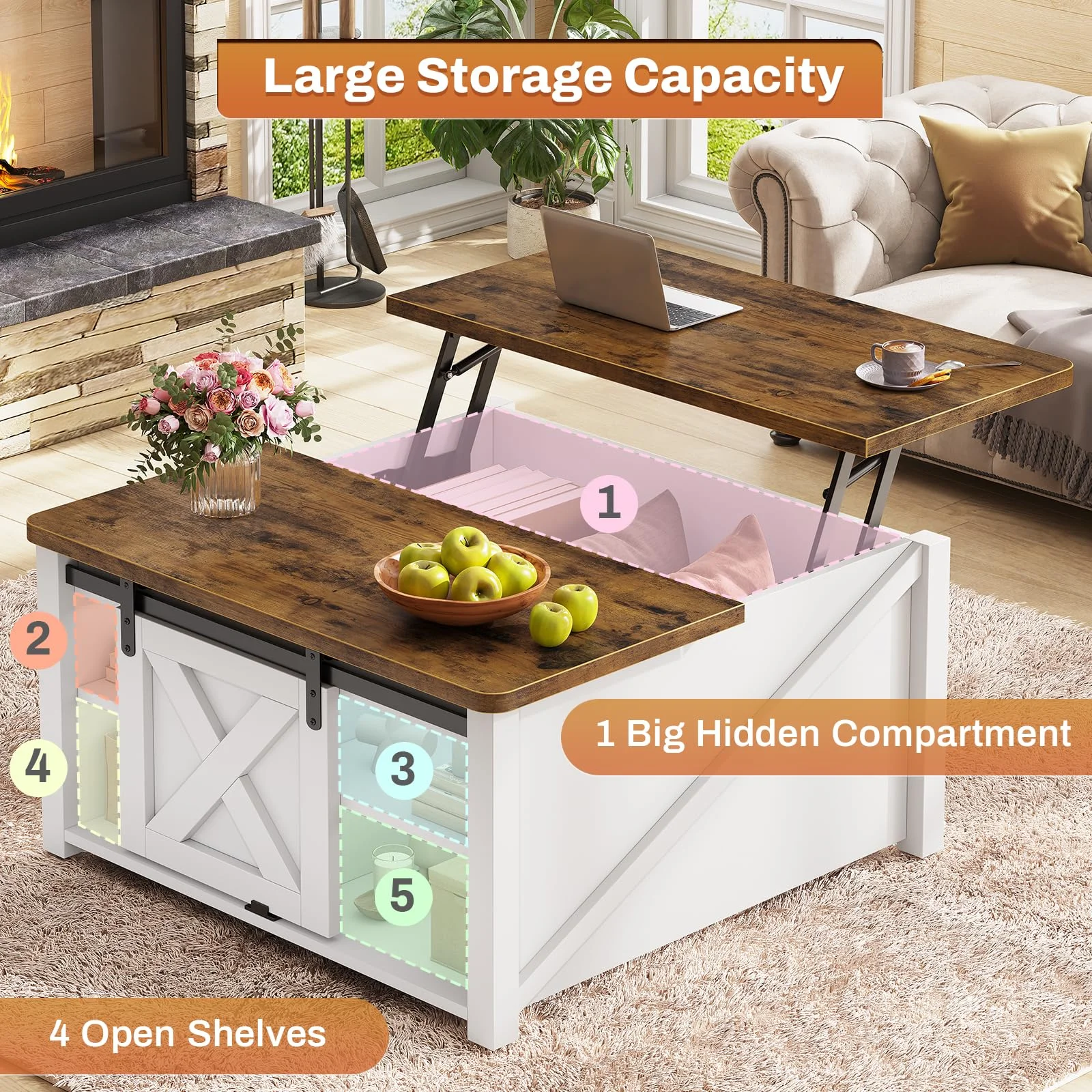 Afuhokles Lift Top Coffee Table, Square Coffee Table with Storage for Living Room, White - Curated Treasures Market