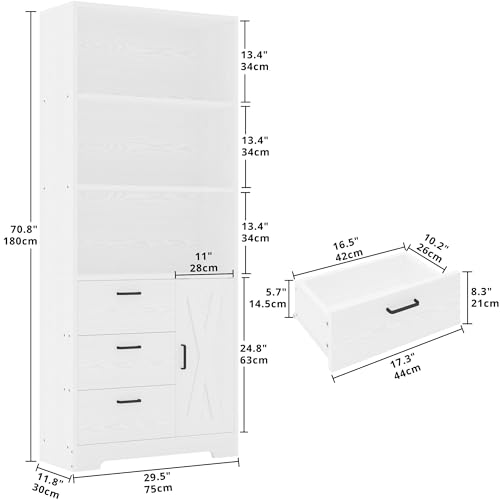 IRONCK Bookshelf with Door and 3 Drawers, 71in Tall Bookcase Shelf with 3-Tier Shelves, for Bedroom Living Room Entrance Hallway Home Office