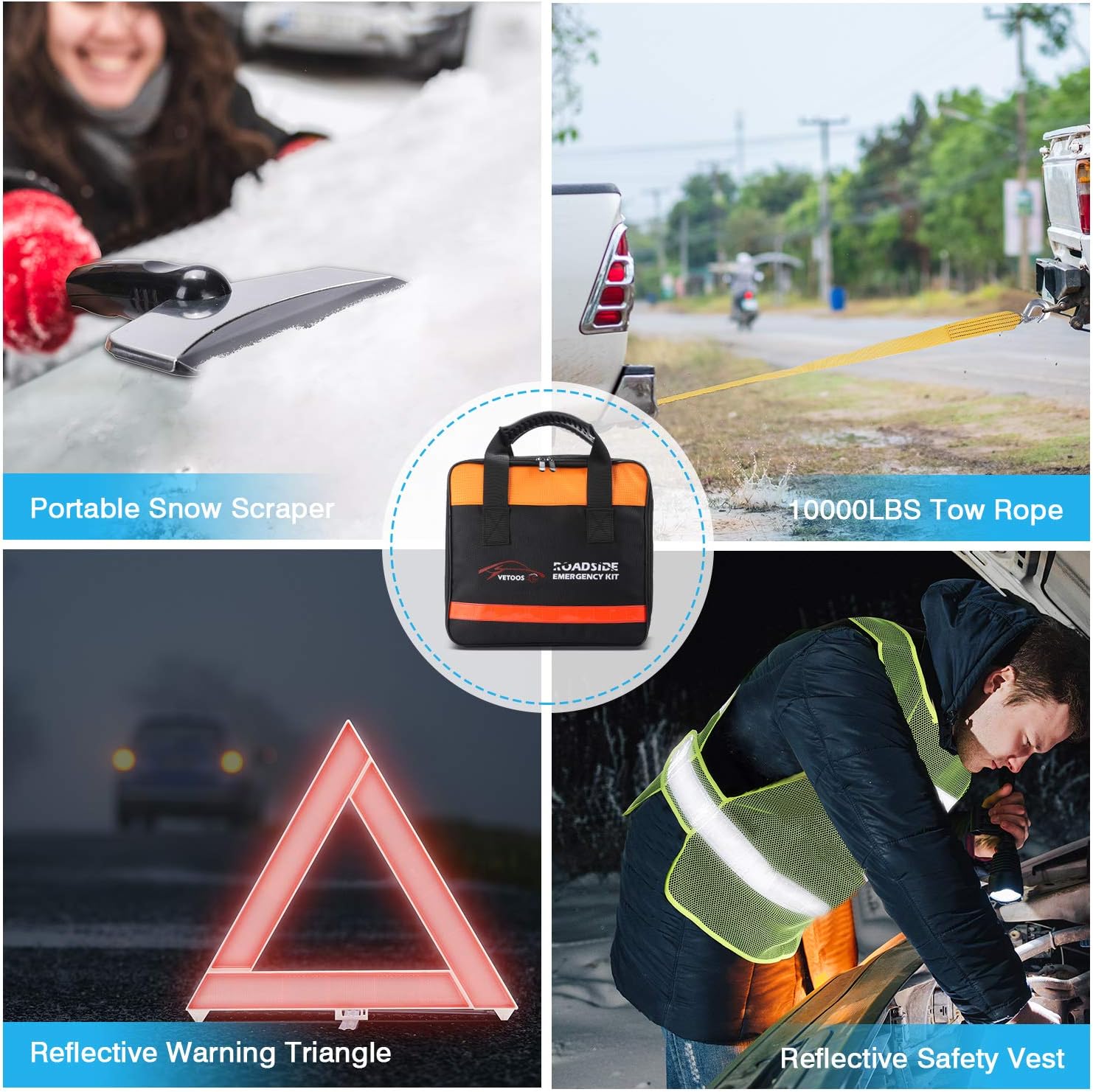 Roadside Emergency Car Kit with Jumper Cables, Auto Vehicle Safety Road Side Assistance Kits, Winter Car Kit for Women and Men