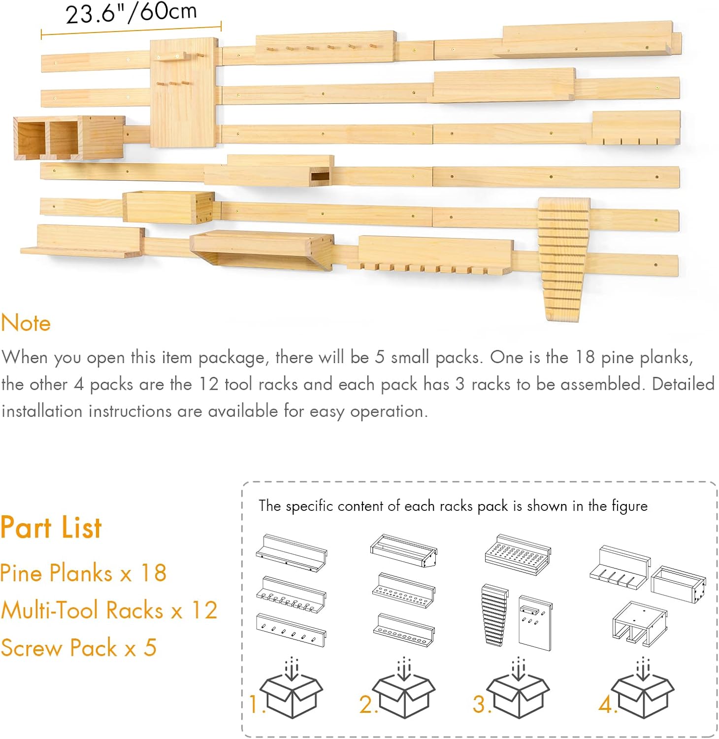 Ikkle Pine Pegboard Organizer Garage Wall Storage, Wood Panel Tool Organizer Kit Peg Board Panel with Power Tool Screwdriver  Holder for Workshop